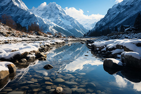 冬季的雪山流水背景图片