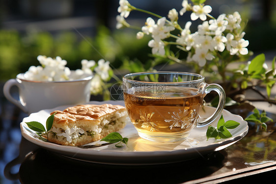 盘子里面美味的茶和面包图片