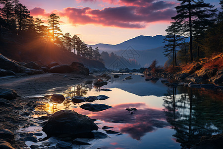 晚霞下的湖光山色背景图片