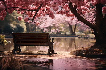 樱花湖畔的长椅图片
