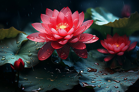 绿叶红花雨中莲花背景