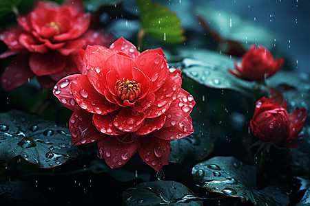 雨中的红莲池塘背景高清图片