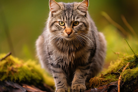 猫在苔藓木枯上走路图片
