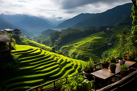 村舍依山风景背景图片