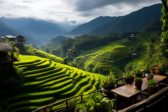 村舍依山风景图片