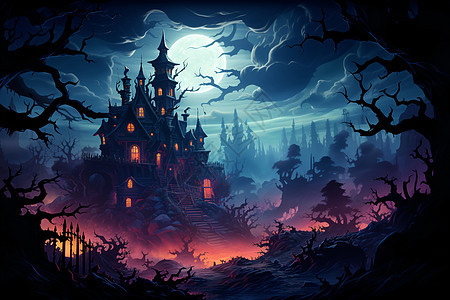 夜晚森林中的阴森城堡背景图片