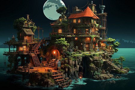 月夜神秘小岛背景图片