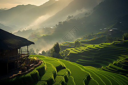 山谷飘渺中的一座小屋图片