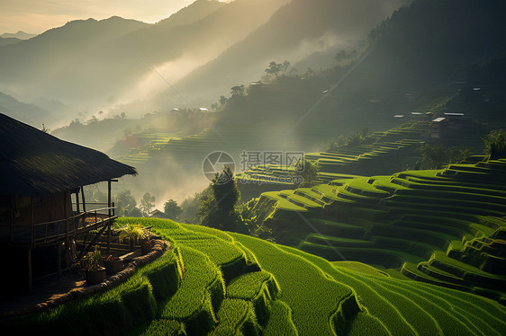 山谷飘渺中的一座小屋图片