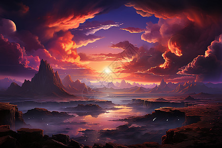 日出时分静谧的山脉与湖泊间的日落图片