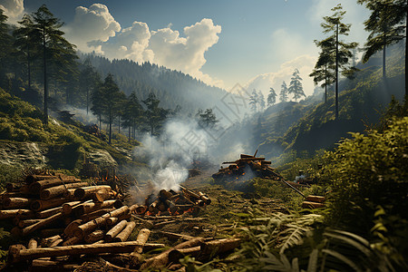 山脉间燃烧的木柴图片
