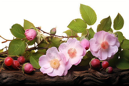 粉红花朵上的绿叶背景图片