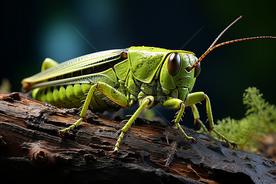 绿色蝗虫栖息在树枝上图片