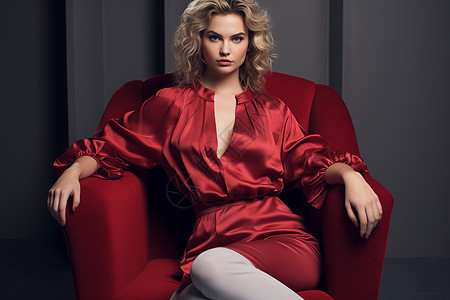 穿着红裙坐在沙发上的女人图片