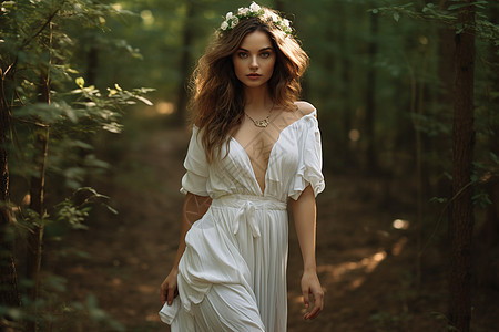 森林里戴着花冠的女孩图片
