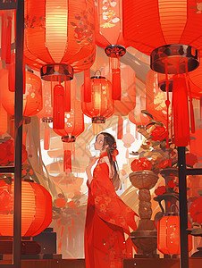 红裙女子与灯笼相伴背景图片