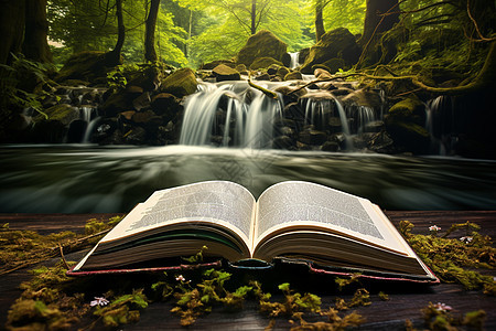 静谧森林中的书籍背景图片