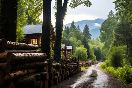 静谧林间的木屋住宅背景图片