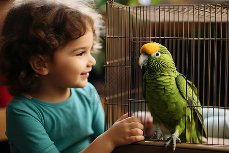小男孩和笼子中的鹦鹉图片