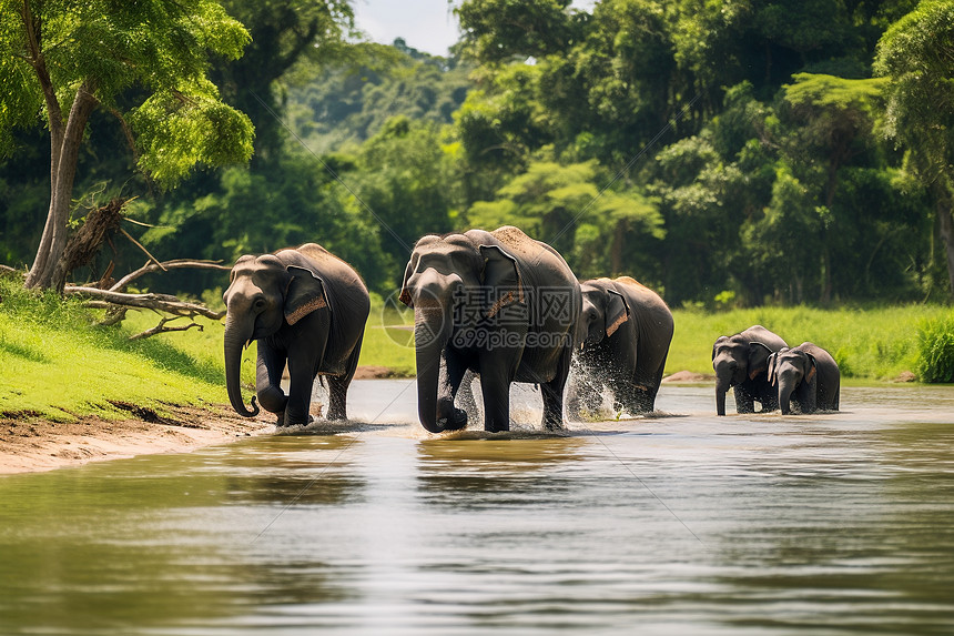 森林河流中的象群图片