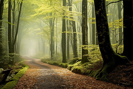 迷雾笼罩的林间小路背景图片