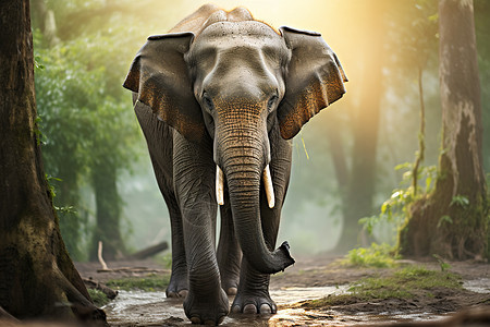 户外森林里面行走的大象背景图片