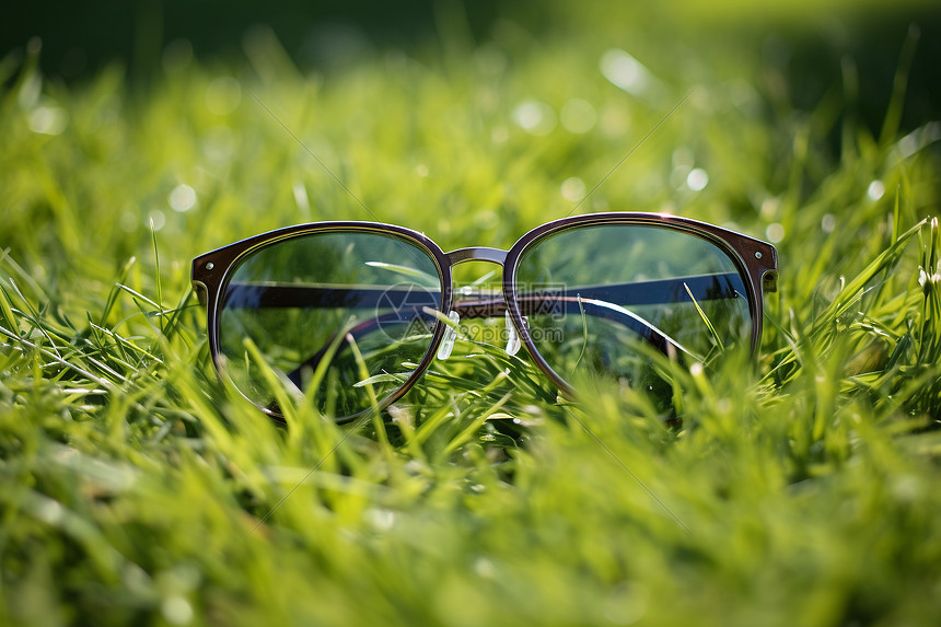 太阳眼镜放在草地上图片