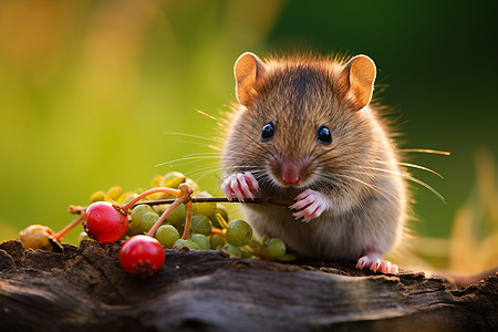 小老鼠坐在树干上吃葡萄图片