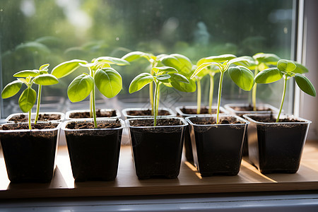 窗台上新鲜的幼苗盆栽背景图片