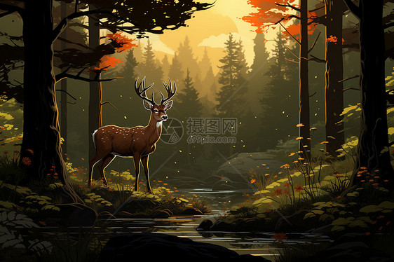 童话森林中的鹿图片