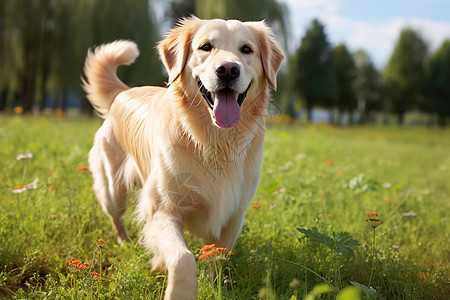 户外草地上欢乐玩耍的金毛犬图片