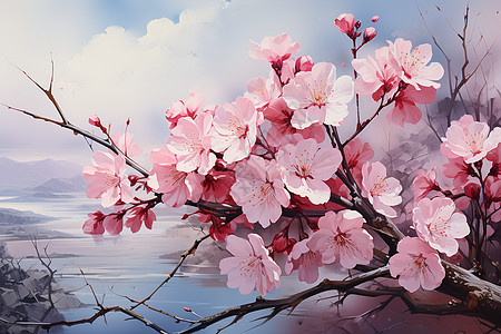 樱花飘舞的油画插图图片
