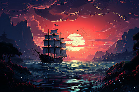 夕阳下征帆启航的船只图片