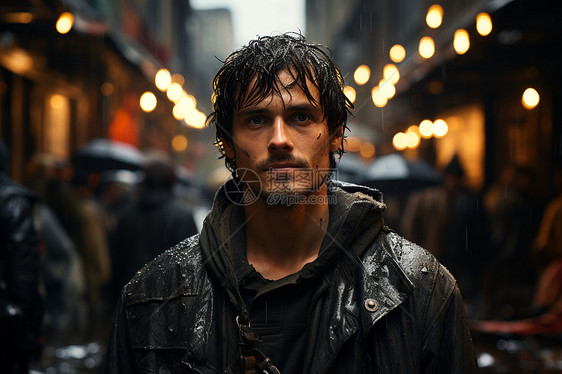 下雨天城市道路上的外国男子图片
