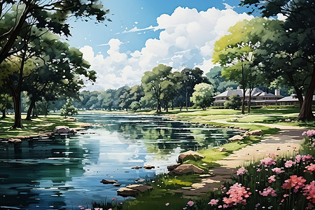 风景优美的夏季池塘花园景观图片