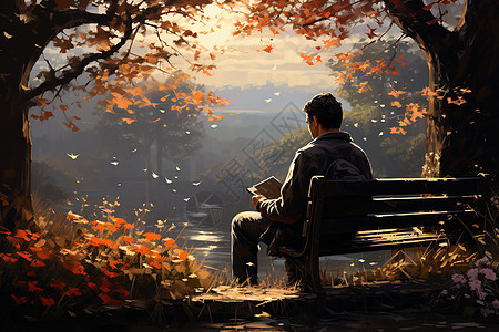 秋季湖畔座椅上读书的男子图片