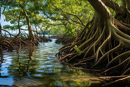 湖畔里的树木树根背景图片