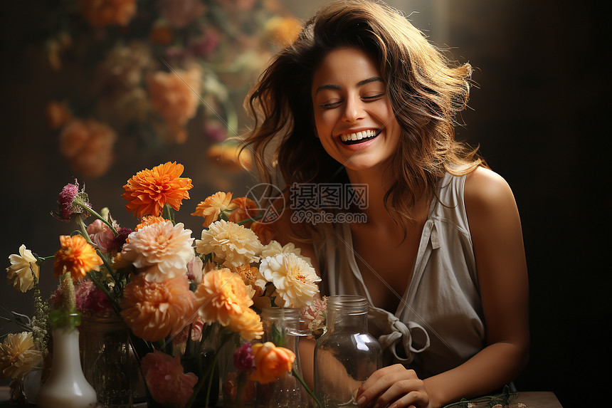 微笑女孩与花束图片