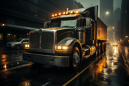 城市雨夜中的卡车背景图片