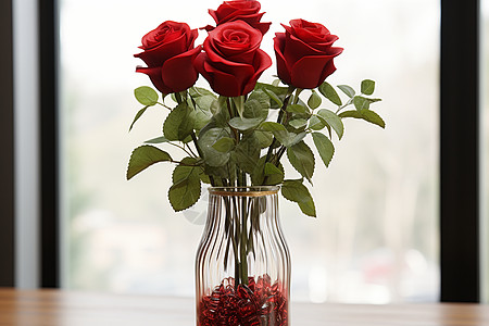 窗前花瓶内三朵玫瑰图片