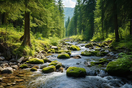 溪流穿过树林图片