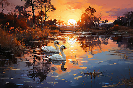 日落下湖泊中的鹅图片