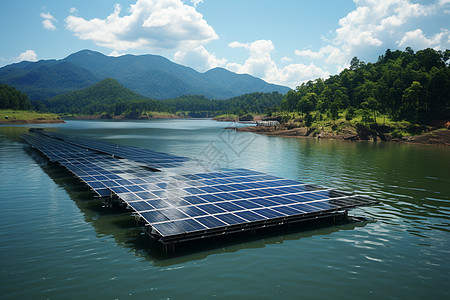户外湖畔上漂浮的太阳能板图片