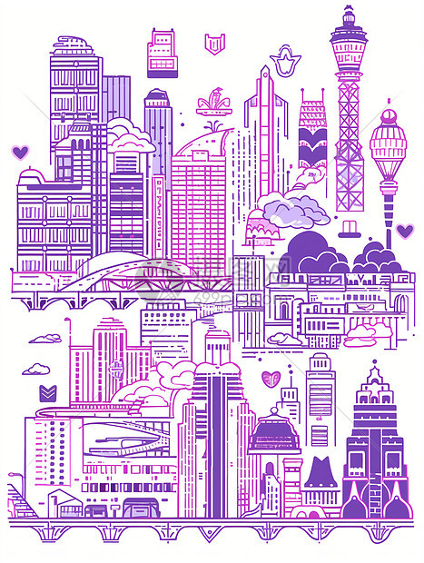 紫色线条绘画的建筑图片