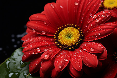 户外红色花朵上面的水滴图片
