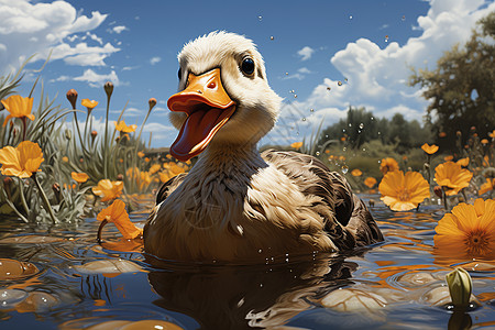 宁静池塘中的鸭群油画插图背景图片