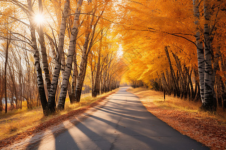 公路两旁金黄的树木图片