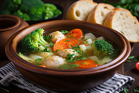 桌面上的西兰花蔬菜汤图片