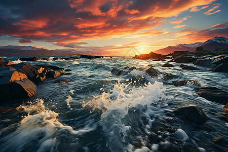 海面上的海浪和夕阳图片