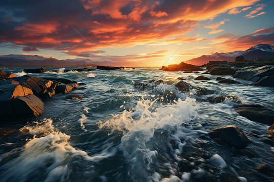 海面上的海浪和夕阳图片